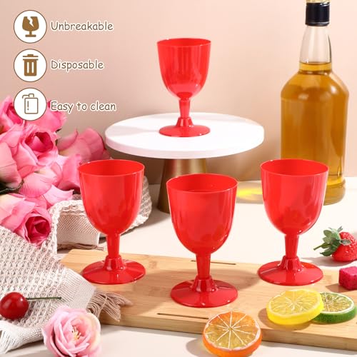 Mimorou 50 Pcs Red Plastic Wine Glasses, 5.4 oz Small Goblets with Stem for Valentine's Day, Unbreakable Plastic Drinking ...