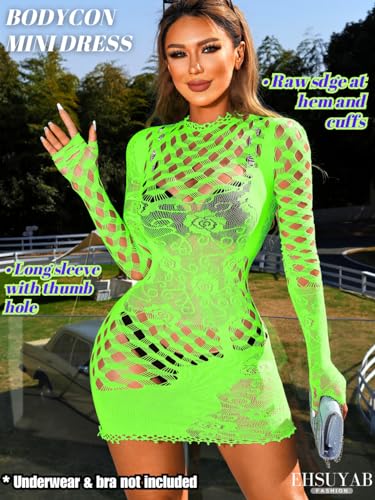 EHSUYAB Club Outfits, Hollow Out, Long Sleeve One Piece Bodycon Fishnet Dress