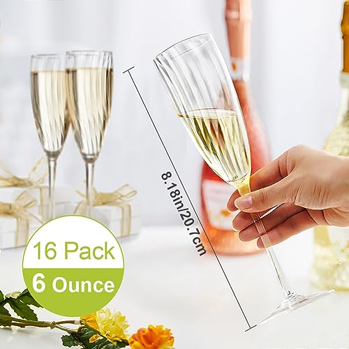 Homvle Plastic Champagne Flutes 6 Oz, Disposable Champagne Glasses (Set of 16) 1- Piece Construction Plastic Wine Glasses ...