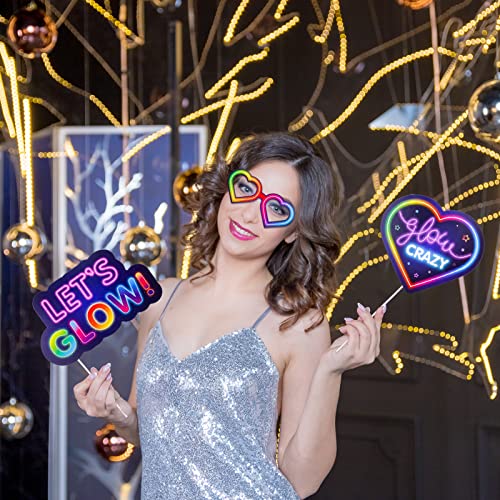Qpout 25 Pieces Glow Party Photo Props, Neon Party Photo Booth Props, Fluorescent Selfie Props, Glow in The Dark Party Pho...