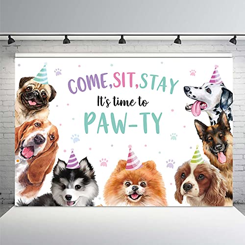 MEHOFOND 7x5ft Puppy Dog Birthday Party Decorations Backdrop Pet Doggy Party Photo Backdrop It's Time to Paw-ty Banner for...