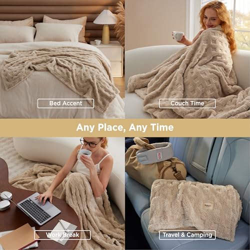 Bedsure Tan Throw Blanket for Couch - GentleSoft Fleece Cozy Waffle Blanket for Sofa Bed Room Decor, Super Fluffy Checkere...
