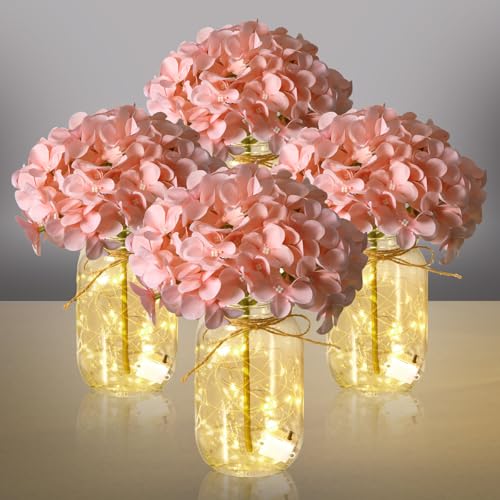 Juinte 4 Sets Mason Jar with Lights Pink Hydrangea Decorative Pink Centerpieces for Tables Mason Jars Flowers Decorations ...