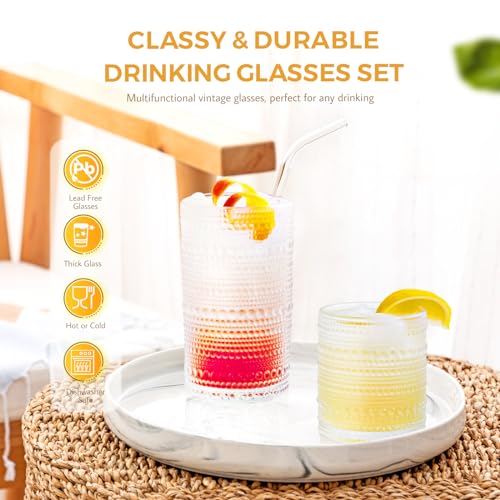 FULGNU Hobnail Drinking Glasses Set of 12, 11.8 oz Vintage Glasses Drinking Set & 10 oz Cocktail Glasses Set, Embossed Gla...