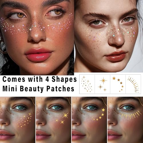 Freckles Face Tattoo, All-in-One Holographic & Gold Glitter, Waterproof and Sweatproof Sparkle Speckles Patches, Festival ...