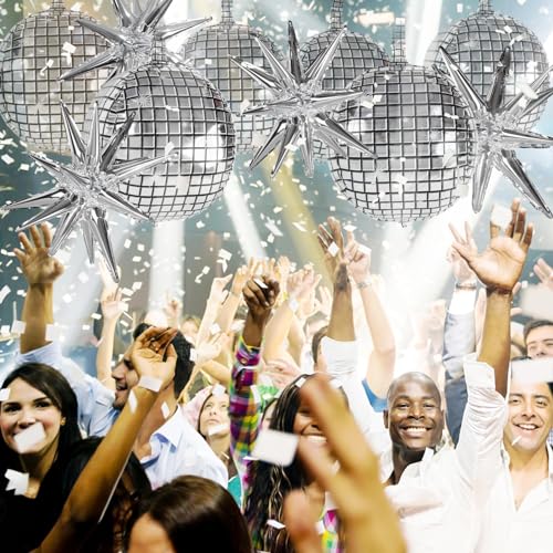 OuMuaMua Disco Ball Balloons for 70s Disco Party Decor, 22 Inch Large 4D Metallic Silver Disco Balloons with Stars Balloon...