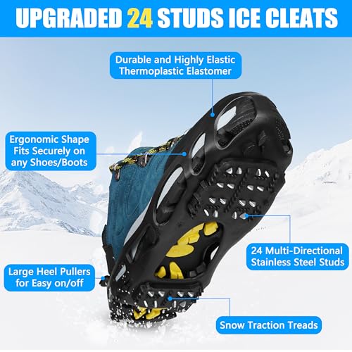 Ice Cleats Crampons for Shoes and Boots Anti Slip Snow Cleats Ice Shoes Grippers 24 Studs Crampons for Hiking Boots Women ...