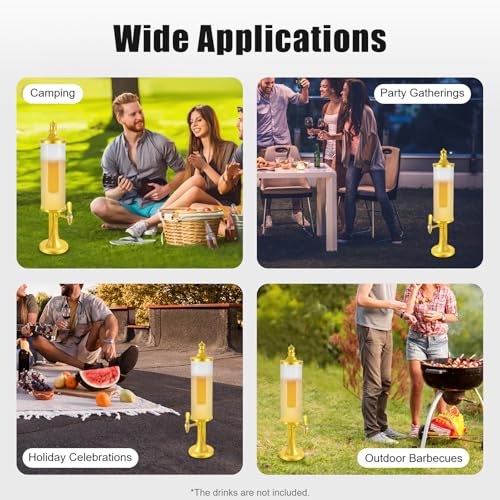 JAYGOVAN Beer Dispenser 3L/102oz Beer Beverage Dispenser with Ice Tube and LED Light Mimosa Tower with Spigot, Gold Clear ...