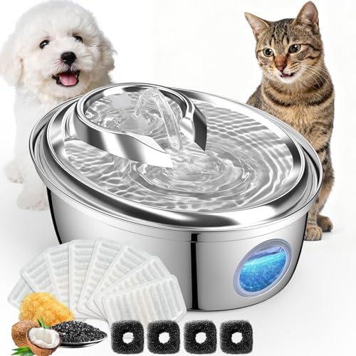 ORSDA Stainless Steel Cat Water Fountain, 100oz/3L Automatic Pet Drinking Fountain, Dog Water Dispenser Bowl with LED Wind...