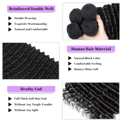 Deep Wave Human Hair Bundles 16 18 20 Inch Deep Wave Bundles 100% Unprocessed Brazilian Virgin Hair 3 Bundles Curly Bundles Hair Extensions Real Human Hair Wavy Quick Weave Bundles Natural Black