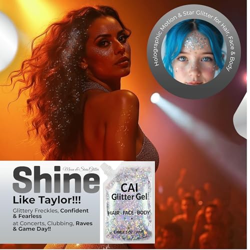Face, Body & Hair Glitter Gel – Halloween Glitter for Kids and Women – 3 Oz Cosmetic-Grade Gel w/Moon & Stars for Festival...