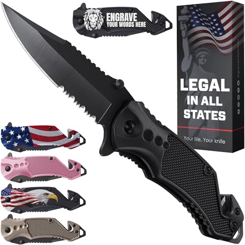 GOOD WORKER Legal Pocket Knife with 2.95” Serrated Blade, Glass Breaker, Seat Belt Cutter - EDC Sharp Folding Knives with ...