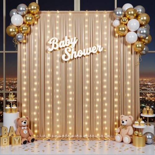 Outpain 10x10ft Champagne Sequin Backdrop Curtains with Light -Lighted Up Champagne Photo Backdrops with Non-Shedding Glit...