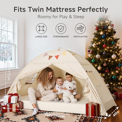 Toddler bed Tent Canopy: Lights & Flags Indoor Floor Twin Bed Kids Tent Play Tent - Twin Bed Curtains - Girls&Boys Play Ho...