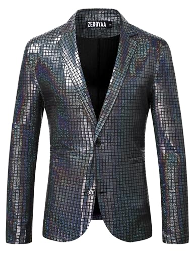ZEROYAA Men's Metallic Shiny Suits Disco Sequin Blazer and Pants 2 Piece Sets for Party Prom