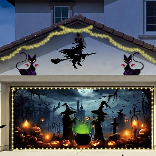 Lighted Witch Halloween Garage Door Decorations Banner - 7 x 16 ft Halloween Garage Door Cover with LED Light Strap, Large...
