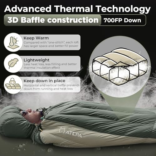 ATEPA 0 Degree Sleeping Bag, 700FP 15°F 20°F 23°F 30°F Down Mummy Cold Weather Double Lightweight Wide XL Sleeping Bags wi...
