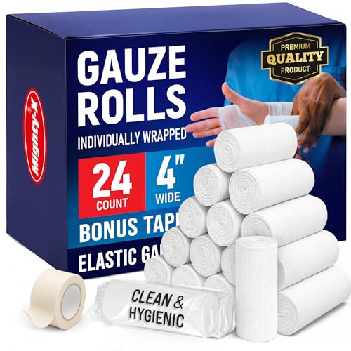 24 Gauze Rolls - 4" x 4.1yd - Soft and Breathable Rolled Gauze - Latex-Free Premium Individually Wrapped Bandages with Bon...