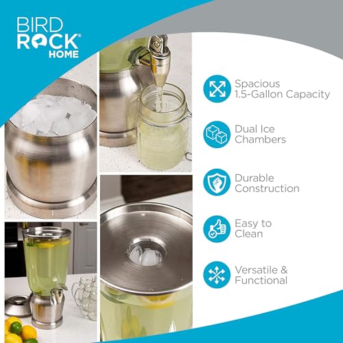 BirdRock Home 1.5 Gallon Stainless Steel Beverage Dispenser with Ice Container, Stand & Spigot - Round - BPA Free Clear Tr...