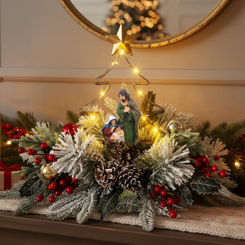 Eksen Nativity LED Tabletop Christmas Tree Centerpiece, Holy Family Scene with Warm Lights, Snowy Pine & Red Berry Accents...