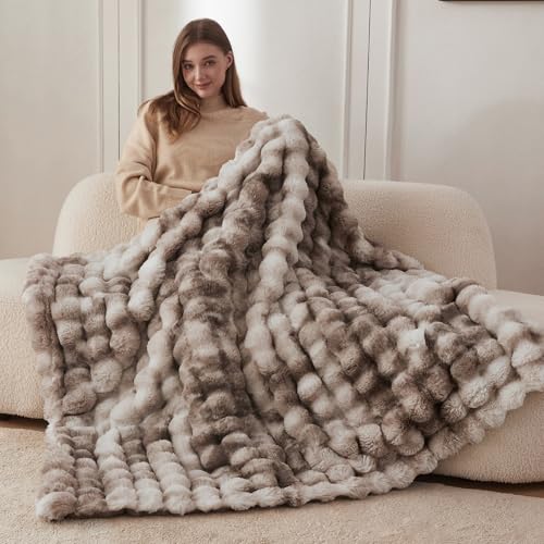 COOVA Faux Fur Throw Blanket for Couch, Cozy Soft and Fuzzy Plush Rabbit Fur Bubble Blanket for Sofa Bedroom Living Room, ...