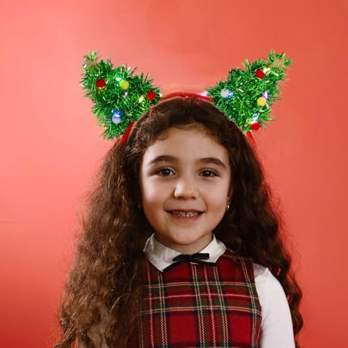 Fdesigner Light Up Christams Headband Green Xmas Hairbands Tinsel Cat Ear Headpiece LED Star Head Bands Holiday Glowing He...