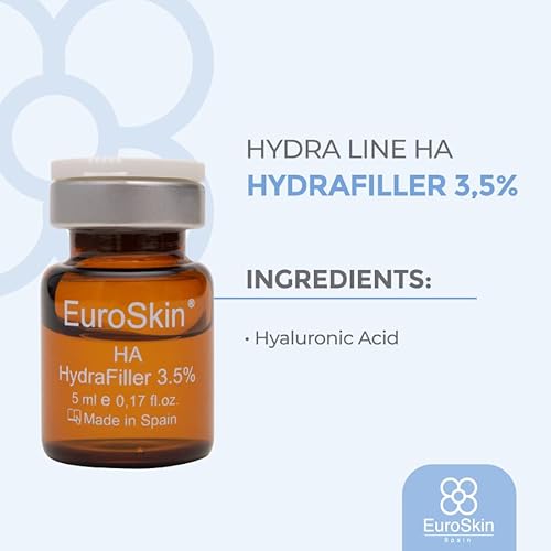 Hydra line hyaluronic acid. Hydrafiller 3.5%. Hyaluronic acid revitalizes and hydrates the skin. Aestheticians' favorite serum. 5 vials x 10 ml / 5 vials x 0,17 fl. oz.