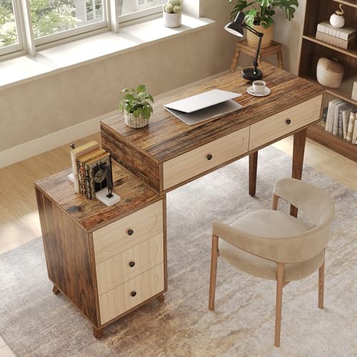LITTLE TREE 39-Inch Writing Desk with 5 Drawers & Retractable Cabinet, Small Expantable Computer Desk, Vanity Table with Storage, Interchangeable Left and Right, for Small Spaces, Brown