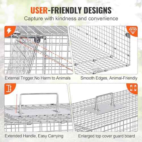 VEVOR Live Animal Cage Trap, 42" x 16" x 18" Humane Cat Trap Galvanized Iron, Folding Animal Trap Cage with Handle for Stray Dogs, Armadillos, Raccoons, Foxes