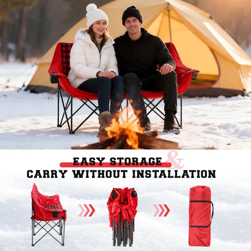 Padded Heated Double Camping Chair for Adults, 4 Heating Zones & 3 Heat Levels, Padded Loveseat Oversize Folding Chair Por...