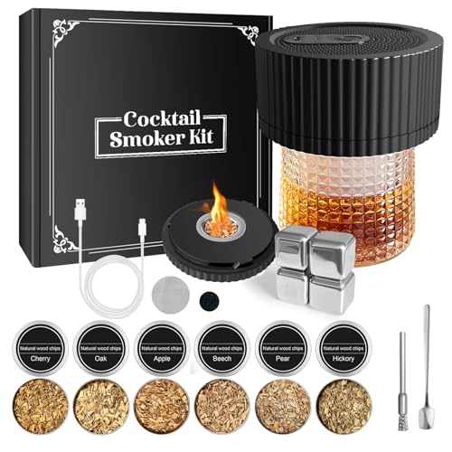 Electric Whiskey Smoker Kit–Rechargeable Cocktail Smoker Kit with Built-in Lighter, 6 Wood Chip Flavors–Old Fashioned Smok...