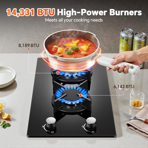 Gas Stove 2 Burner, Propane Cooktop 12 Inch, Built-in Gas Cooktop Black Tempered Glass Stove Top with Thermocouple Protect...
