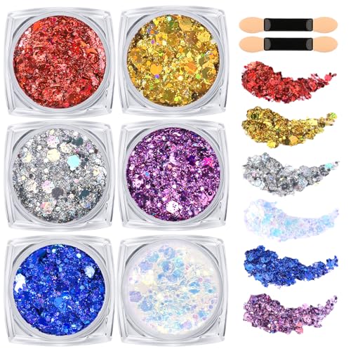 Teenitor Body Glitter Face Glitter Hair Glitter for Kids Women, 6 Colors Face, Body Hair Glitter Gel, Makeup Glitter for H...