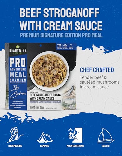 ReadyWise Outdoor Pro Adventure Meal - Beef Stroganoff Pasta with Cream Sauce, 2 Servings, 1 Pouch, 720 Calories, 40g Prot...