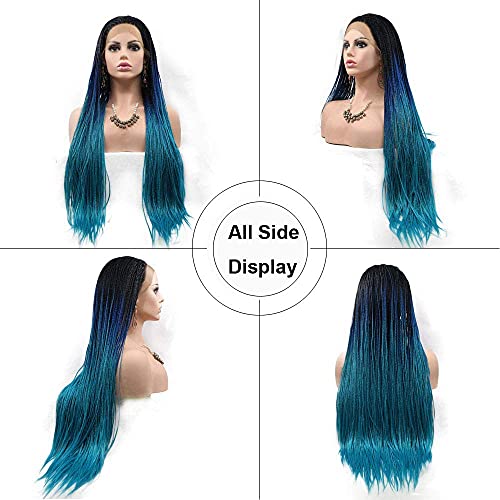 Braided Wigs for Black Women Ombre Blue Lace Front Wig Box Braided Lace Frontal Wigs Natural Hairline Synthetic Wigs Handmade Micro Braids Free Part Glueless Hair Replacement Wigs Cosplay Daily
