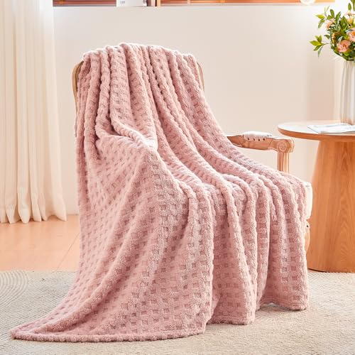 NEWCOSPLAY Super Soft Throw Blanket Pink Premium Silky Flannel Fleece 3D Waffle Checkered Lightweight Bed Blanket All Seas...