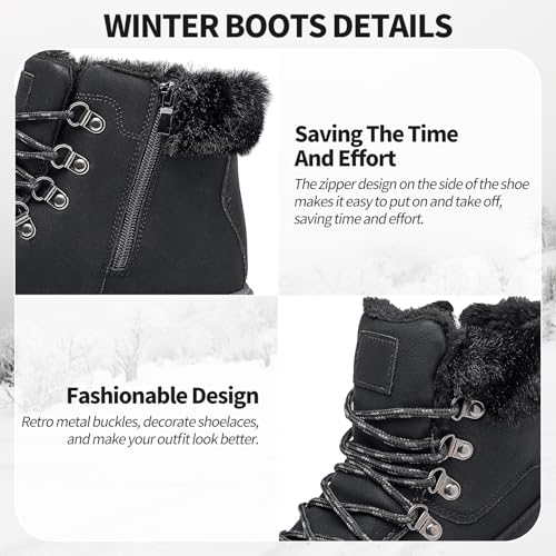 XRH Women’s Winter Warm Boots Black Snow Combat Boots With Zipper,Comfortable Fur Lined Women Ankle Boots Non Slip Hiking ...