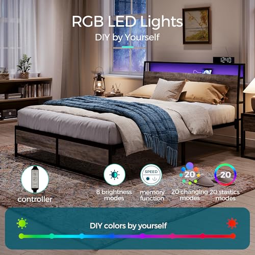 LINSY Queen Bed Frame with Ergonomic Headboard, Platform Metal Bed Frame with RGB Lights, Outlets & Charger, 45 Minutes Fast Assembly Bed Queen Size with Storage, No Box Spring Needed, Greige