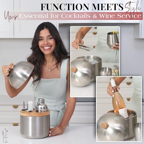 Gusto Nostro Cocktail Set Bartender Kit with Stainless Steel Ice Bucket - Complete Mixology Bar Tool Set with Wooden Organ...