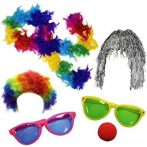 Funny Party Hats 6 Piece Set - Clown Wig Sunglasses & Nose - Clown Accessories Kit - Photo Booth Props