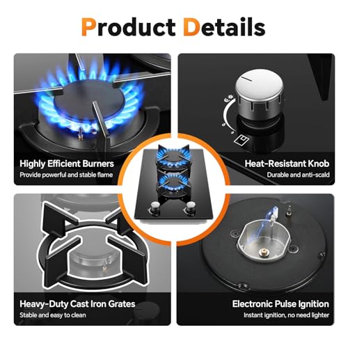 Gas Stove 2 Burner, Propane Cooktop 12 Inch, Built-in Gas Cooktop Black Tempered Glass Stove Top with Thermocouple Protect...