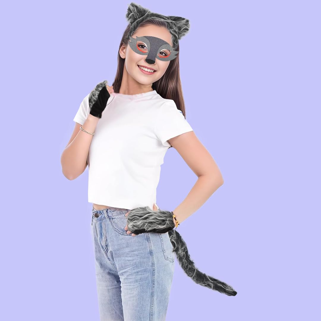 HODRME 5 Pieces Wolf Ears and Tail Set-Grey Wolf Headband with Mask Tail Paw Gloves Cosplay Party Halloween Costume Accessories for Kids and Adults