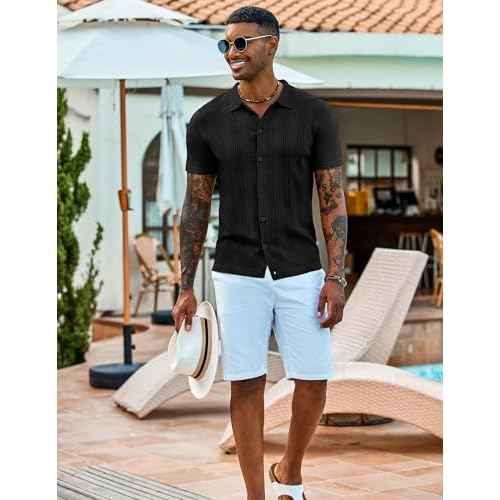 COOFANDY Men's Knit Shirts Short Sleeve Casual Button Down Polo Shirt Summer Beach Vacation Shirts