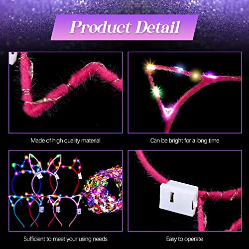 Xinnun 50 Pcs LED Cat Ear Headbands Bulk, Light up Flower Headband Glow Crown Rabbit Ear Head Accessories for Glow in the ...