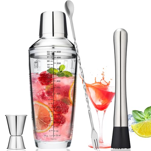 Tiawudi 23oz Glass Cocktail Shaker Set, 4PCS Bartender Kit, Martini Mixer Shaker with Built-in Strainer, Measuring Jigger,...