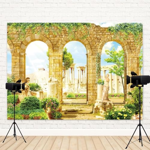 ASDCXZ 7x5ft Romantic Greece Palace Garden Backdrop Ancient Stone Arch Photography Background Green Leave Vines Statues An...
