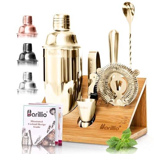 Barillio Gold Bartender Kit - Stainless-Steel Cocktail Shaker Set w/Bamboo Stand - Mixology Bar Tools w/Shaker, Drink Mixe...