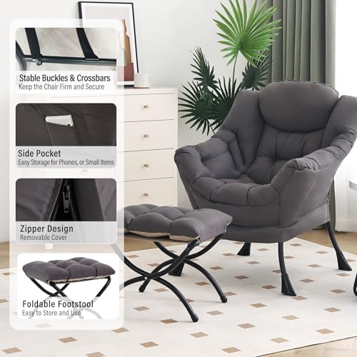 Lazy Chair with Ottoman, Modern Chair with Folding Footrest, Lounge Accent Chair, Comfortable Reading Chair, Oversized Arm...