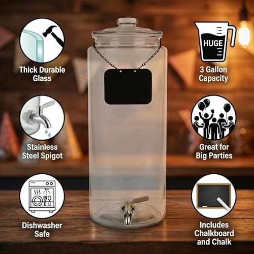 3 Gallon Glass Beverage Dispenser & Spigot – Large Drink Dispenser for Parties, Juice, Water, Iced Tea, Sangria, Punch, Co...