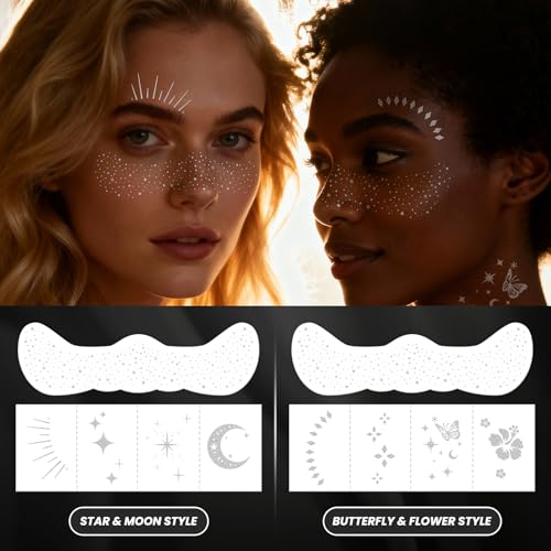 30PCS Glitter Freckles Face Tattoos & Face Gems Set, Classic Silver Glitter Temporary Tattoos for Valentine's Day Makeup, ...